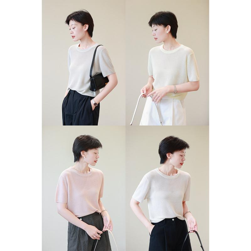 T-Shirts - Tシャツ レディース 夏 再生繊維 麻 シンプル 多用途 ルーズ ラウンドネック ショートスリーブ 薄手 ニット トップス 吸湿速乾 軽量 カジュアル 普段使い 通勤