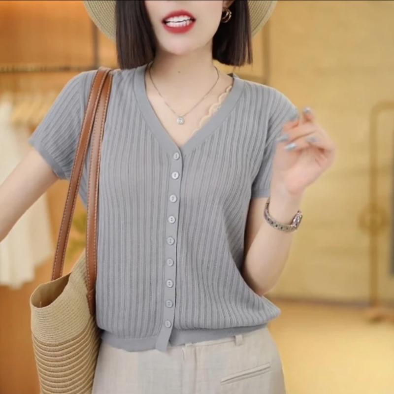 Three-Quarter Knit - レディース 夏用 Vネック 短袖 カーディガン 薄手 ゆったり 大きめサイズ 接触冷感 ニット トップス 単色 細見え カジュアル 吸湿速乾 軽量