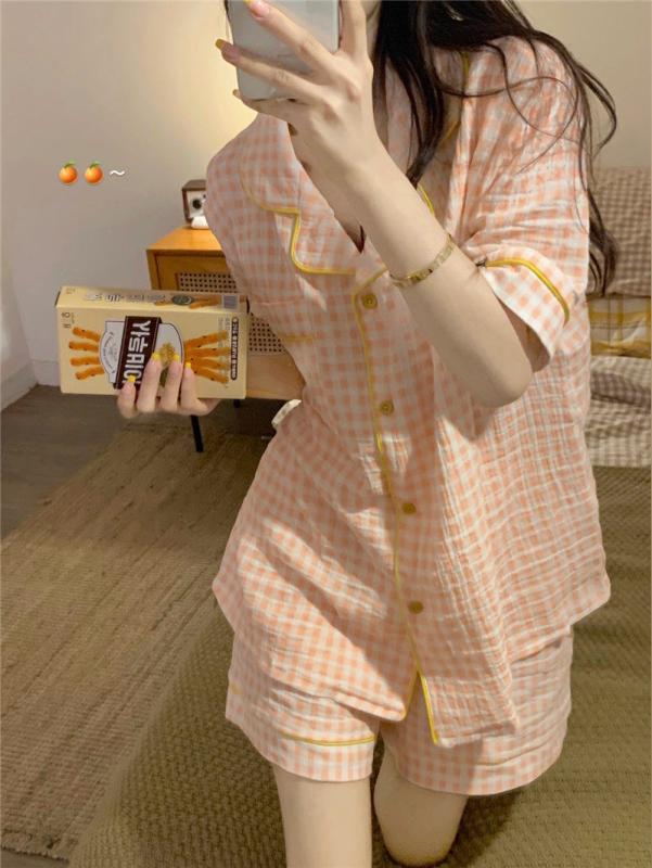 樂天商城 - レディース パジャマ 夏用 半袖 綿 ガーゼ チェック柄 コントラストカラー 綿麻 リラックス 部屋着 セット ゆったり ホームウェア 吸湿速乾 通気性 軽量 寝間着