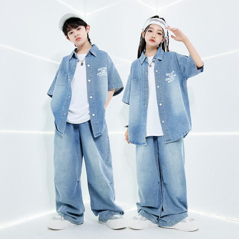 子供 ダンス衣装 男の子 女の子 ストリートファッション ヒップホップ ジャズダンス デニム セットアップ 夏用 ステージウェア 子供服 表演服 吸湿速乾 軽量 伸縮性 カジュアルスタイル