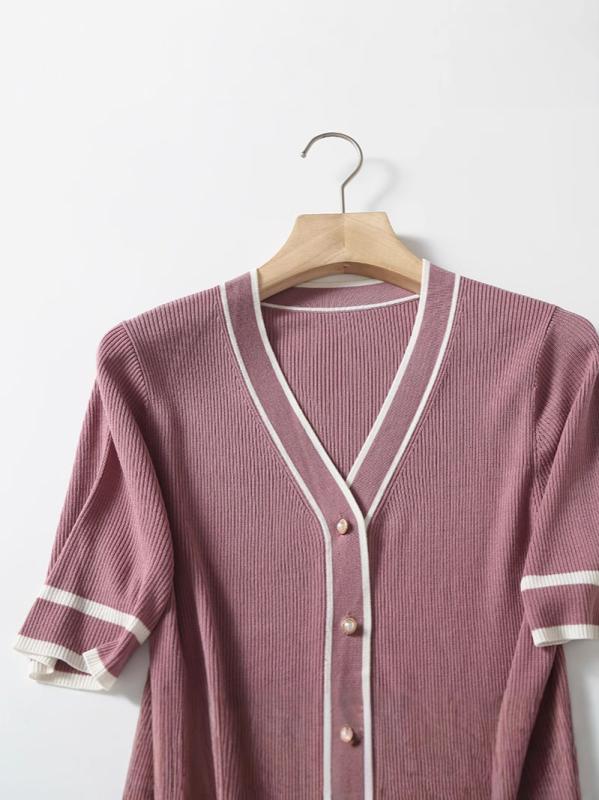 Blouses, Shirts - カーディガン レディース 春夏 接触冷感 短袖 Vネック フレンチスタイル ウエスト切り替え ストライプ柄 薄手 コットン混 軽量 通勤 普段使い ブラック ピンク系 アイボリー カジュアル
