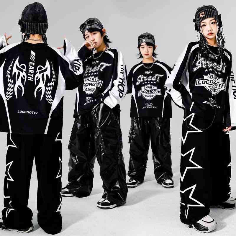 キッズ ダンス衣装 男の子 女の子 ヒップホップ ストリートスタイル バイカースタイル ステージパフォーマンス コーディネートセット カジュアルファッション クール・主な素材: 綿・サイズ展開: 110cm,120cm,130cm,140cm,150cm,160cm,170cm,180cm・袖丈: 長袖・カラー展開: 黒.白
