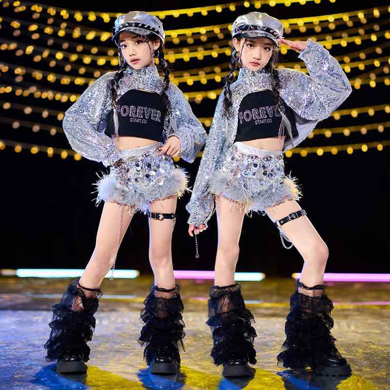 ダンス衣装 女の子用 ジャズダンス ストリートダンス ヒップホップ パフォーマンス服 スパンコール付き クール 子供服 派手 スタイリッシュ ステージ用