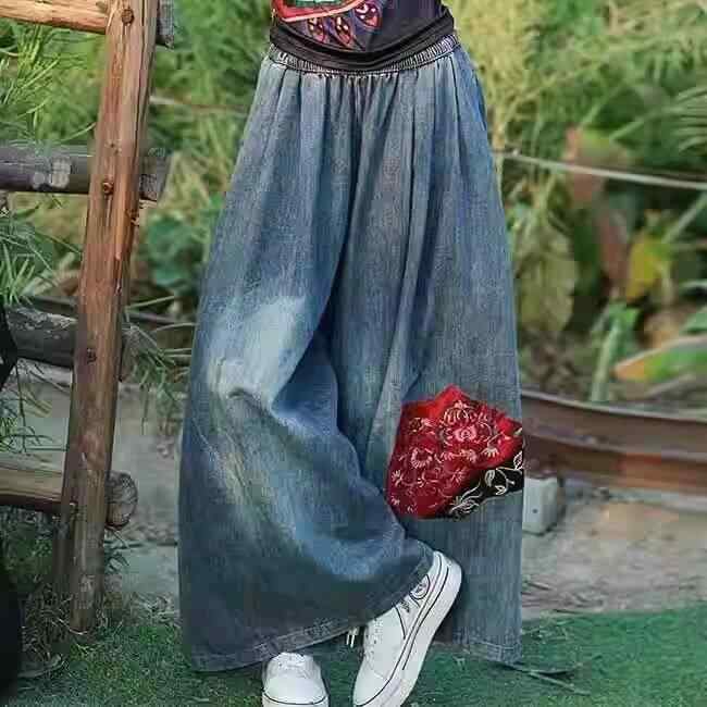スカートパンツ 女性用 デニム ワイドレッグ 夏 刺繍 民族風 ゆったり 大きめサイズ スリム効果 太ももカバー 軽量 伸縮性