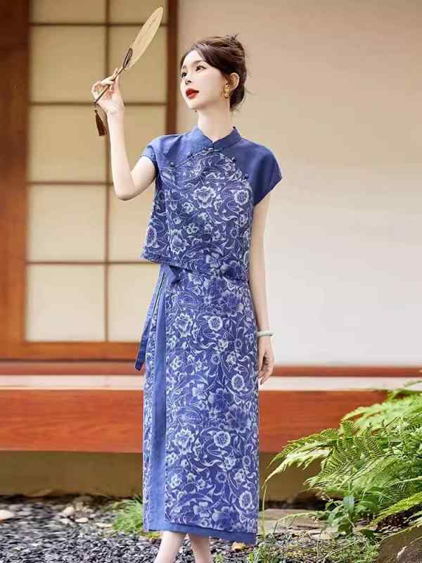 Other - レディース チャイナドレス 夏 綿麻 小花柄 ヒップハグ ワンピース セット 高級感 国風 上品 ラミー素材 軽量 伸縮性 吸湿速乾