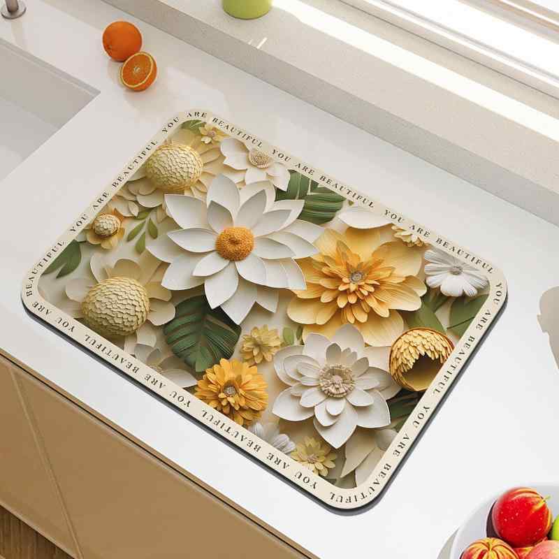 Kitchen Mats - キッチン 水切りマット 立体花柄 吸水パッド カウンター テーブル 食器置き シンク ストーブ 防水 速乾 耐水 日常使い
