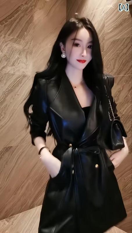 スタイリッシュ レザーコート レディース 中長丈 ブラック 高級感 エレガント スリムシルエット ウエストマーク ベーシック 韓国 秋冬 アウター