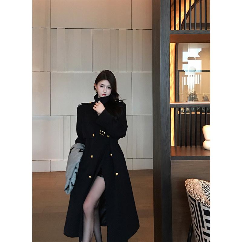 トレンチコート レディース 黒 秋冬 高級感 ウエストシェイプ ベルト ダブルブレスト 中長丈 膝下 アウター ロングコート ウインター スタイリッシュ フォーマル 普段使い