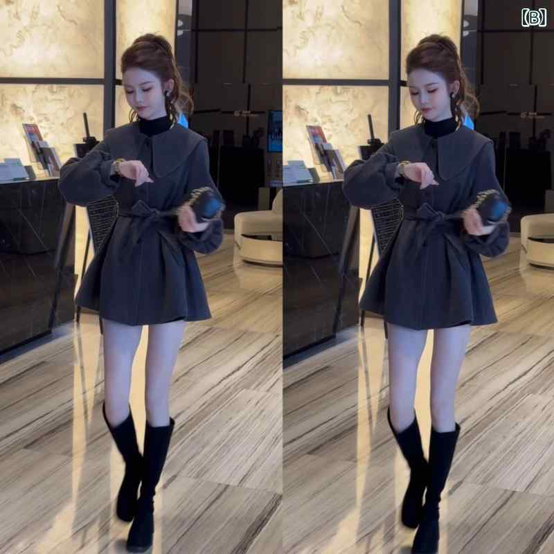 レディース 秋冬 コート ドールカラー ウエストシェイプ ベルト付き ウール混紡 フィット スリムライン 中長丈 トレンチ風 暖かみ カジュアル アウター