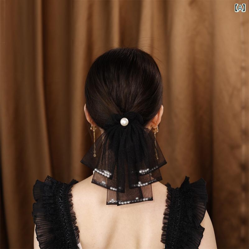 リバーパディのヘアアクセサリー 女性用 高級感 レース チュール パール 蝶結び リボン ビーズ 装飾 ヘアゴム ヘッドフラワー かわいい ヘア飾り 日常使い｜アングル2