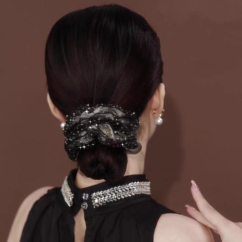ヘアゴム 女性用 かわいい 星モチーフ キラキラ ストーン 二層 チュール 大ぶり ヘアリング ヘアフラワー 伸縮性 軽量 日常使い ヘアアレンジ