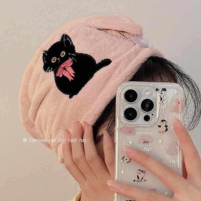 女性用 浴帽 かわいい 猫柄 加厚 超吸水 速乾 ヘッドタオル ドライヤーキャップ 学生寮用 マイクロファイバー 速乾タオル シャワー後 髪乾かし 便利 グッズ・カテゴリ: ドライヤーハット・柄: 猫・カラー展開: ピンク.ブラック