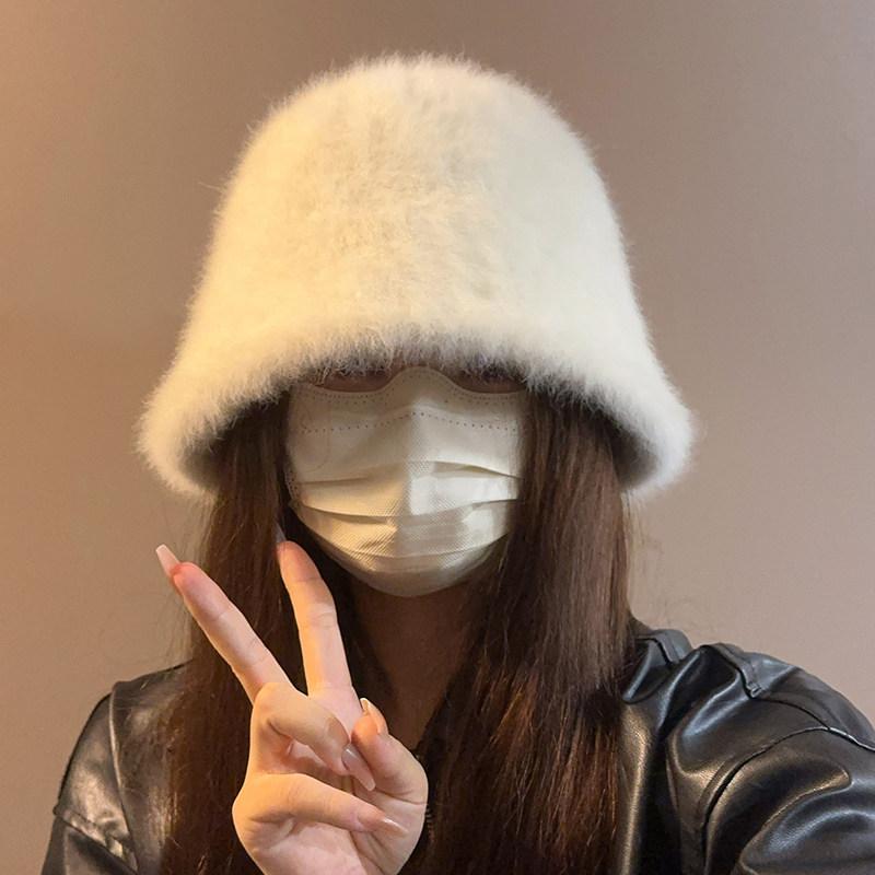 帽子 女性用 秋冬 ウサギ毛 フィッシャーマンハット バケット型 韓国系 防寒 暖か 柔らかい ファー 耳覆い 軽量 カジュアル かわいい スタイル 保温性 高級感・スタイル: カジュアル・帽頂スタイル: 丸頂・対象: 女性・シーン: 外出・帽檐スタイル: 無檐・素材機能: 柔軟快適・款式: 漁夫帽・主な素材: 兎毛混紡・サイズ展開: 均一（54-60cm）・カラー展開: 雪白.夜鶯黒