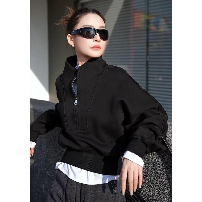 秋冬 レディース スタンドカラー スウェット ハーフジップ フリース 厚手 柔らか 素材 エアリー レイヤー トップス 暖か ゆったり シルエット 日常使い