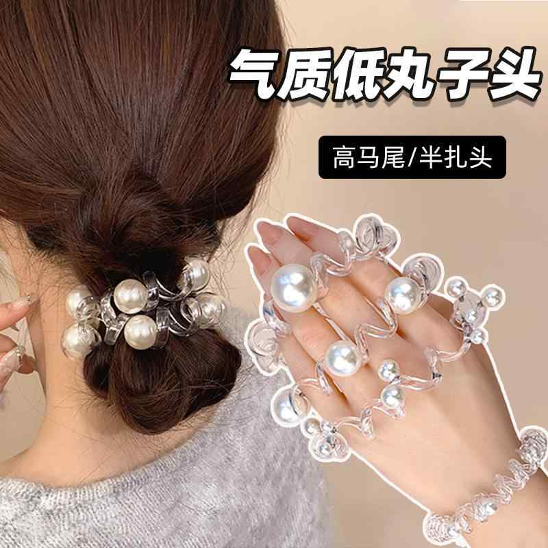 ヘアゴム 女性用 パール付き 電話線風 高級感 低めお団子ヘア ヘアタイ ヘアアクセサリー かわいい 日常使い 細身 柔らかい ゴム 髪結び シンプル アクセント ヘアアレンジ アクセ