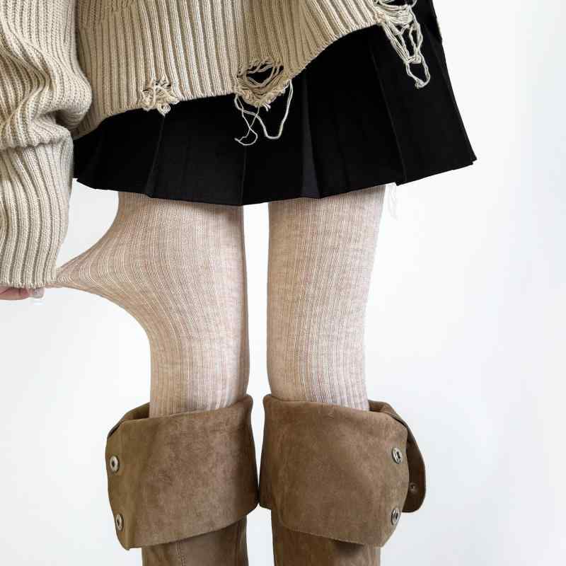 Tights - 秋冬 レギンス 縦ストライプ 羊毛 保温 スリム グレー シンプル 耐久性 暖か 伸縮性 普段使い 室内履き ロング丈 フィット感 快適