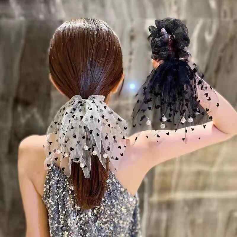 ヘアゴム 女性用 蝶結び チュール リボン パール 丸子頭 レース アクセサリー かわいい 日常使い 伸縮性 ヘアアレンジ