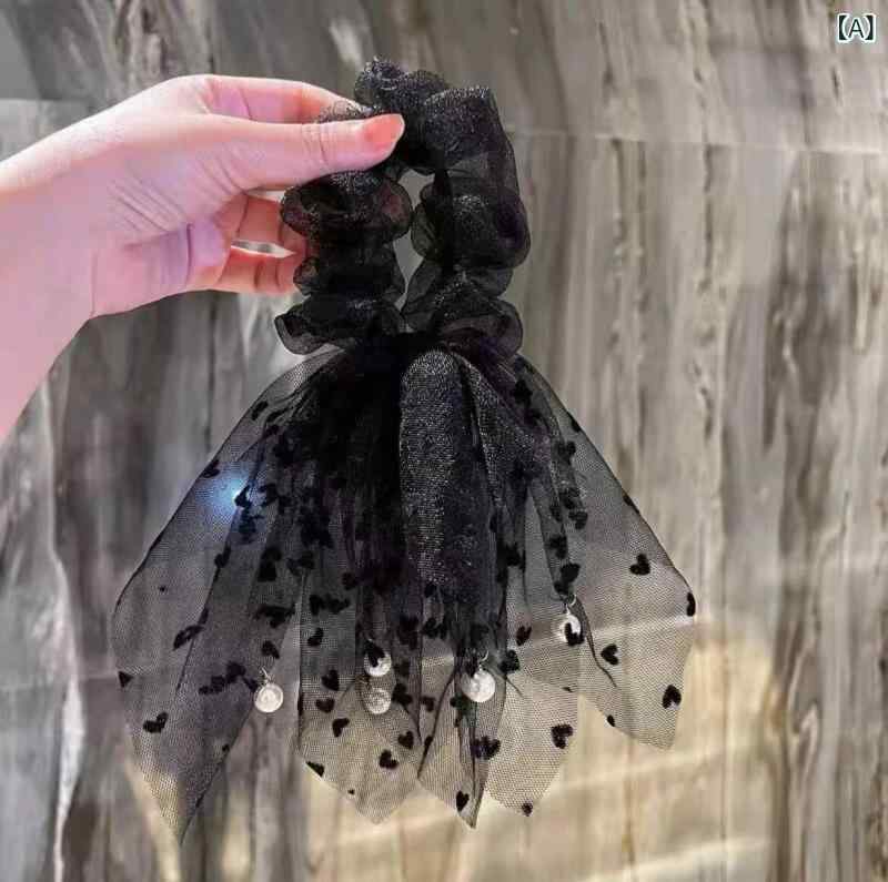 リバーパディのヘアゴム 女性用 蝶結び チュール リボン パール 丸子頭 レース アクセサリー かわいい 日常使い 伸縮性 ヘアアレンジ｜アングル2