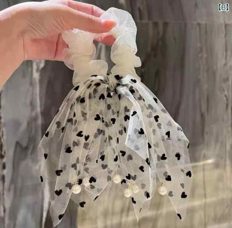 リバーパディのヘアゴム 女性用 蝶結び チュール リボン パール 丸子頭 レース アクセサリー かわいい 日常使い 伸縮性 ヘアアレンジ｜アングル3