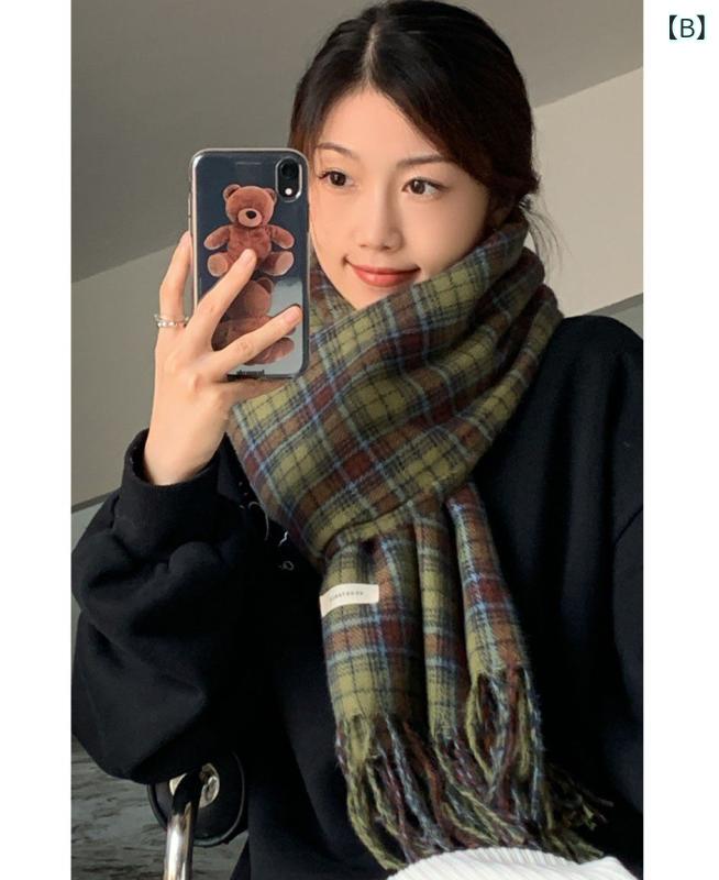 マフラー 女性用 冬 チェック柄 ローズピンク 高級感 韓国 学生向け 暖か 柔らかい ストール プライド ピンク系 保暖 キャンパススタイル