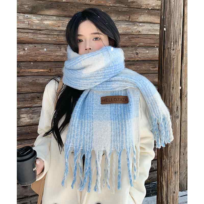 レディース 秋冬 ショール ストール ブルー チェック柄 韓国 かわいい 雰囲気 暖か 保温 防寒 百搭 コーディネート 普段使い