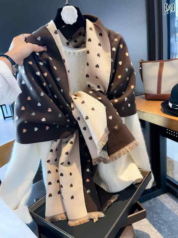 マフラー レディース 秋冬 羊毛 厚手 保温 両面 切り替え カラー ハート 刺繍 ショ...