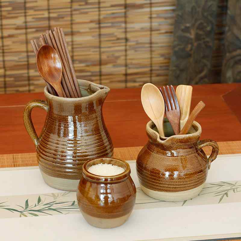 陶器 茶具 セット レトロ 茶褐色 釉薬 レトロ風 箸立て 茶筒 茶罐 収納容器 小型 花瓶 耐久性 日常使い インテリア 雑貨