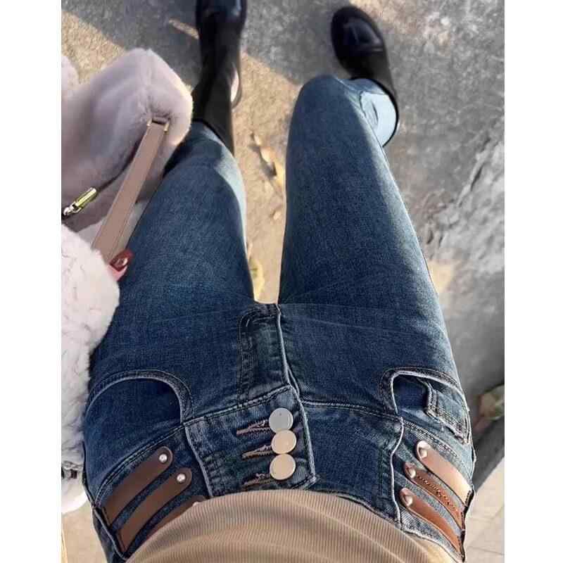 デニムパンツ レディース 秋冬 ブラック ハイウエスト ストレッチ 9分丈 裏起毛 厚手 タイト スリムレッグ ペンシル ビッグサイズ カジュアル 細見え ゆったりシルエット 伸縮性