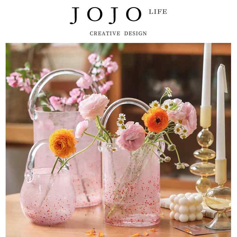 ピンク 水玉 透明ガラス 手提げ 水耕え対応 花瓶 フラワーベース インテリア 卓上用 モダン