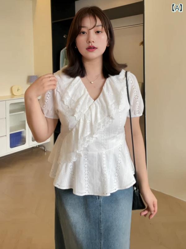 レディース シャツ 夏用 刺繍 レース フリル Vネック ショート丈 ぽっちゃり対応 ...