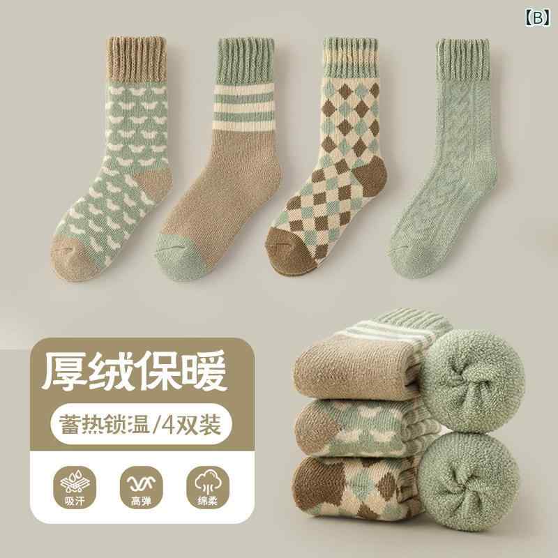 レディース 靴下 綿 起毛 厚手 ルームソックス 睡眠用 ミドルロング 暖か 保温 快適 秋冬 3