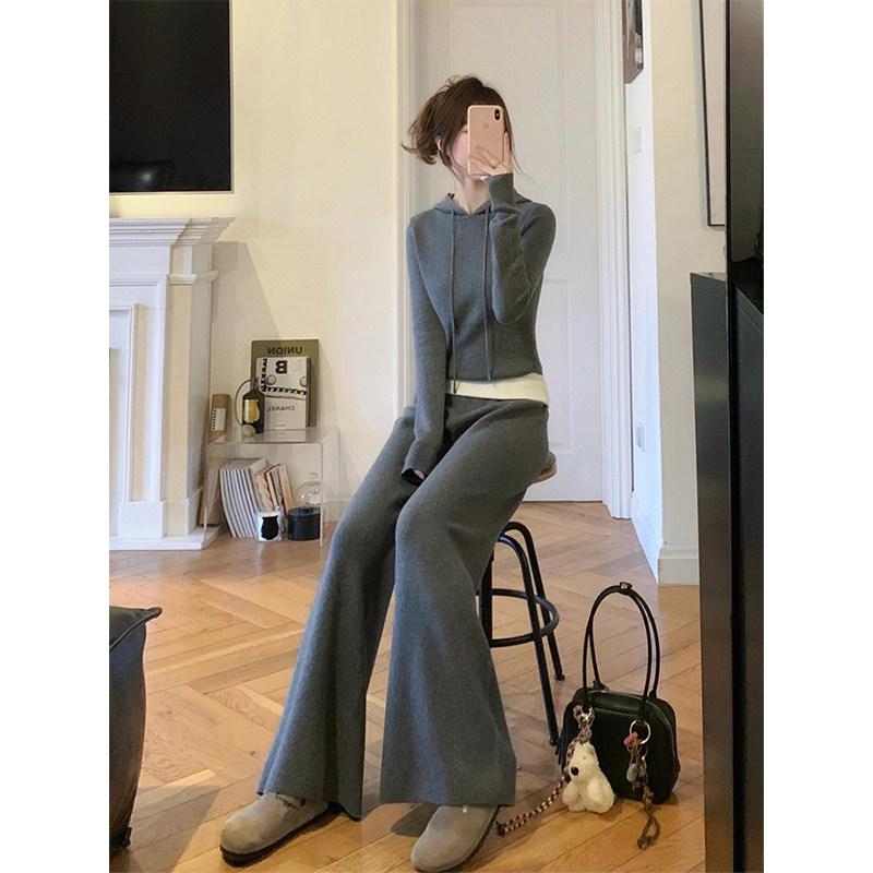レディース 秋冬 スウェット ロングパンツ セット 韓国 リラックス スタイル スリムフィット 体型カバー カジュアル 普段使い 伸縮性 コットン混 ゆったりシルエット ブラック系 グレー