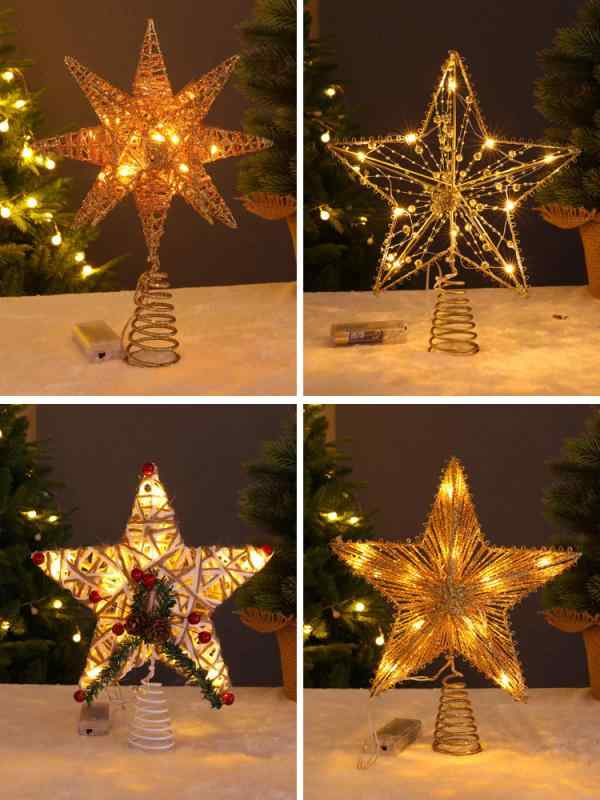 クリスマスツリー トップスター LED ライト 鉄製 五角星 発光 電池式 装飾品 商用 家庭用 冬 季節 インテリア