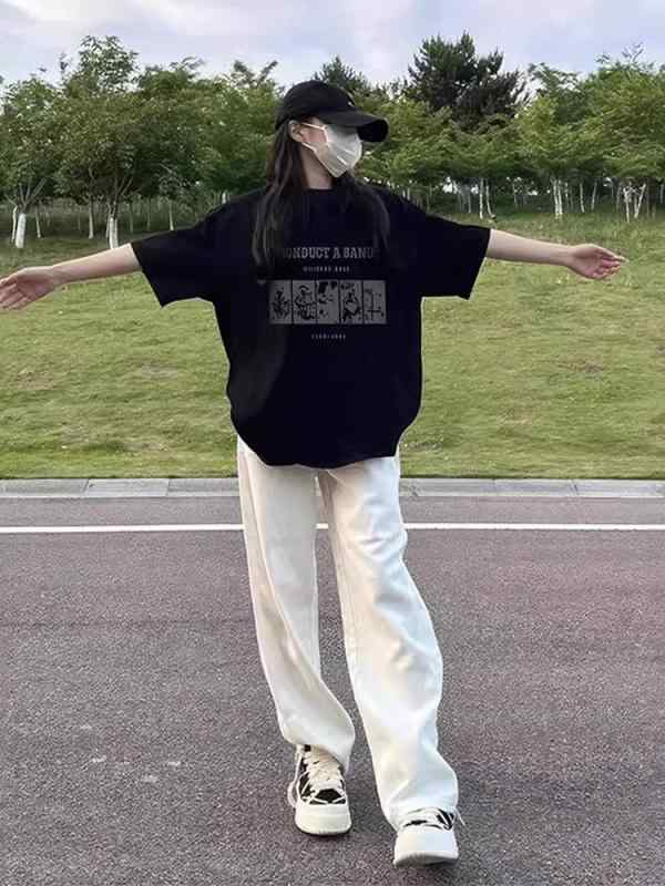 レディース 春 レトロ ブラック 短袖 Tシャツ 中長丈 ビッグサイズ ゆったり カジュアル トップス フィット 学校帰り