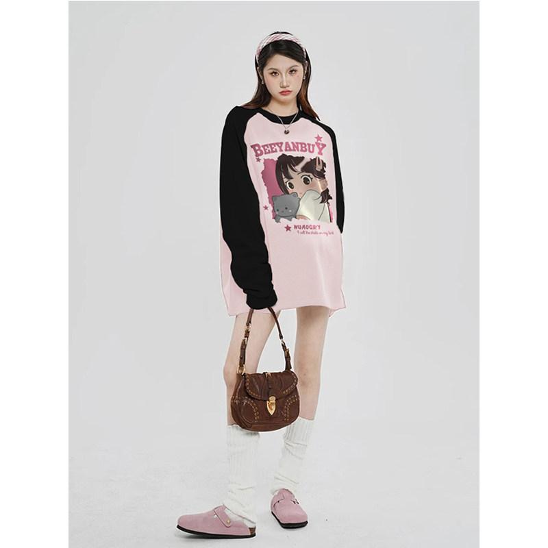 Tops, Bottom Sets - レディース オーバーサイズ Tシャツ ピンク ラグラン袖 ゆったり トップス 秋 普段使い アメカジ スタイル 軽量 綿素材 伸縮性