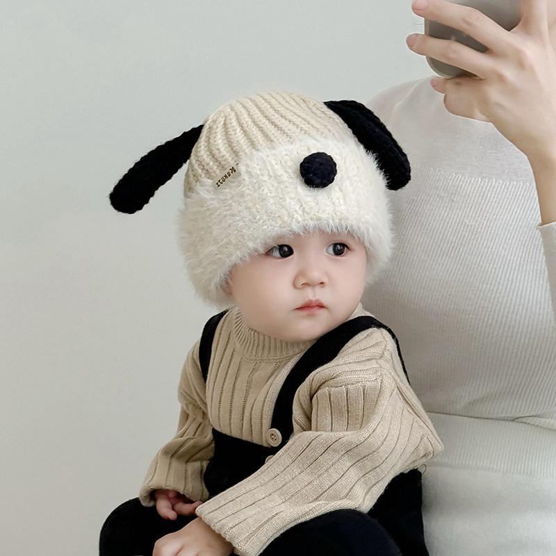 Cap, Hat - ベビー キッズ 秋冬 ニット帽 かわいい 犬柄 男女兼用 プルオーバー 暖か 裏地付き 耳当て 柔らか 伸縮性 保暖 帽子
