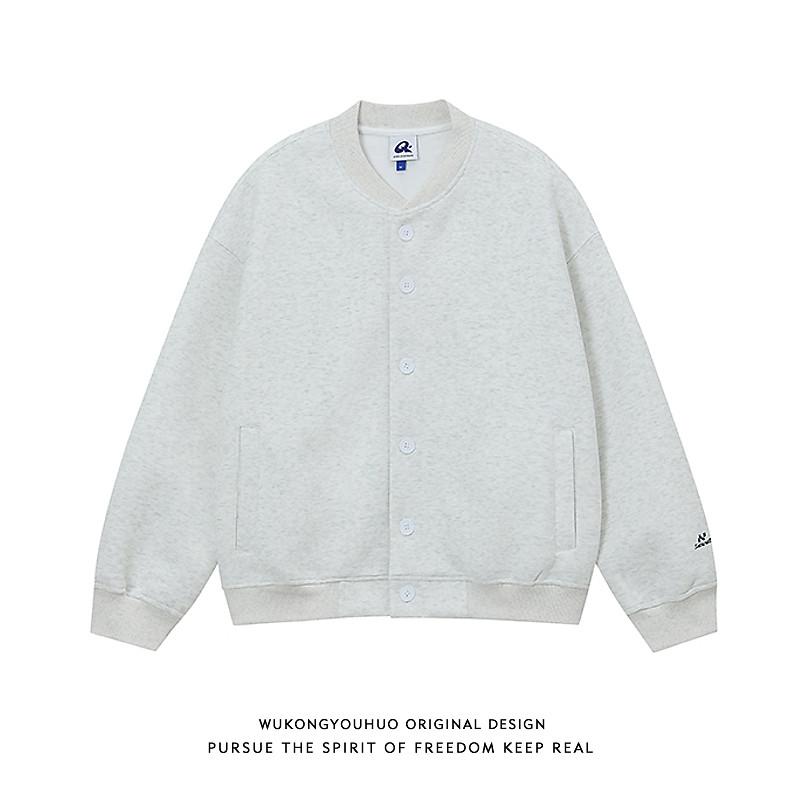メンズ スウェット カーディガン グレー ヘビーウェイト アメリカンスタイル ストリート シンプル 単色 野球風 カジュアル スポーツ アウター 厚手 コットン混 日常使い 軽量 伸縮性