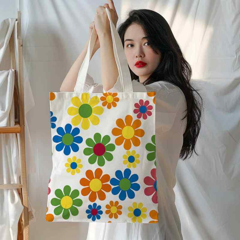 Shopping Bags, Ecology Bags - キャンバス トートバッグ 花柄 プリント ショッピング エコバッグ 通勤用 学校用 書類入れ 大容量 鞄 軽量 普段使い 外出 環境配慮 帆布素材