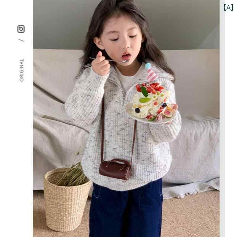 リバーパディの女の子用 秋冬 ニットセーター 半ジッパー プルオーバー トップス 暖かみ 柔らかい 素材 スタイリッシュ オシャレ 外出し用 上着 中大サイズ 子供服 ニットウェア レイヤード スタイル 快適 着心地｜アングル2