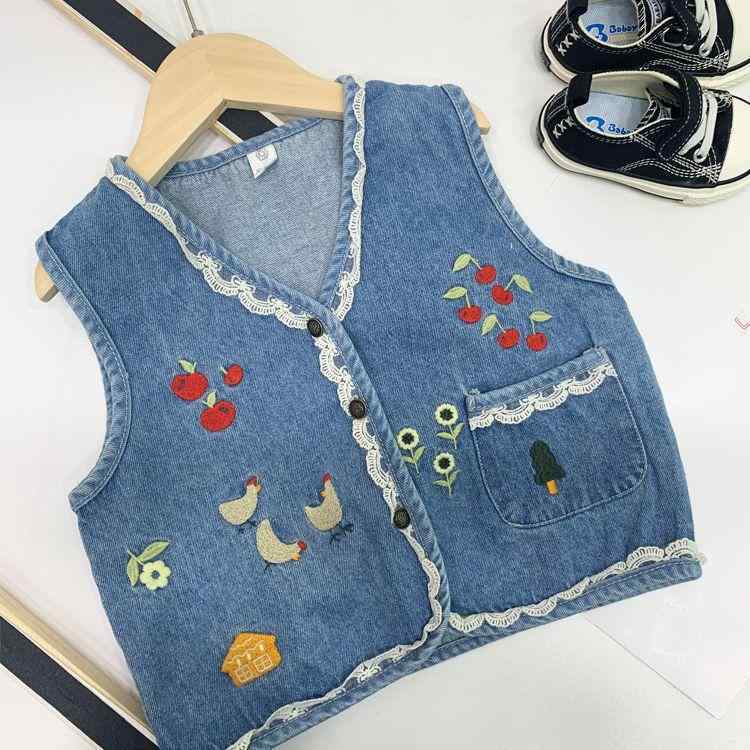 キッズ 女の子用 デニム 刺繍 ベスト 春秋 軽量 コーディネート 普段使い おしゃれ...