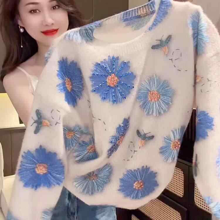 Long-Sleeved Knit - レディース ニットセーター プルオーバー ゆったり 厚手 ビーズ 花モチーフ 釘飾り 暖か 冬物 トップス インナー用 ニット生地 リラックススタイル