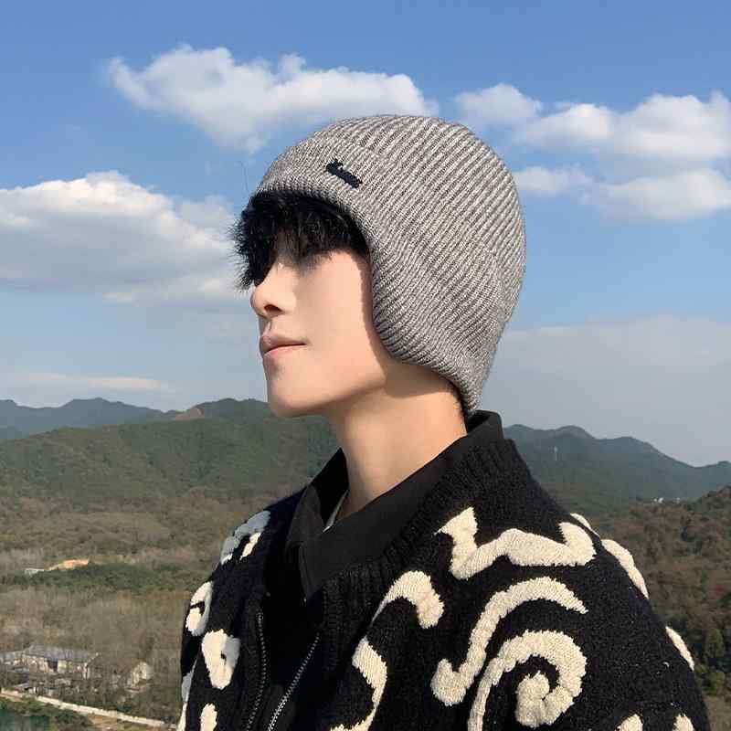 Cap, Hat - 帽子 男性用 冬 ニット ビーニー 防風 耳当て 厚手 フリース 保温 毛糸 アウトドア サイクリング 暖か 伸縮性 ヘルメット対応