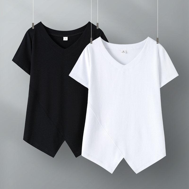 レディース Vネック 短袖 Tシャツ 白 不規則裾 夏用 ユニーク エレガント スタイリッシュ 軽量 綿素材 通勤 普段使い トップス・対象年齢: 25-29歳・サイズ展開: M.L.XL.2XL.3XL.4XL・主な素材: 綿91.2%.ポリウレタン弾性繊維8.8%・・文艺・ネックライン: Vネック・要素: 非対称・カラー展開: 白.黒・袖型: 通常・袖丈: 短袖・厚み: 通常・着丈: 通常・版型: ゆったり