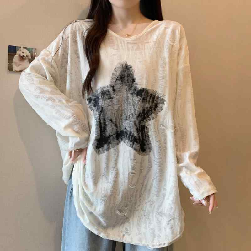 トップス レディース 長袖 ダメージ加工 薄手 Tシャツ 夏用 大きめサイズ ぽっちゃり対応 スリム効果 中長丈 おしゃれ アウター シャツ..