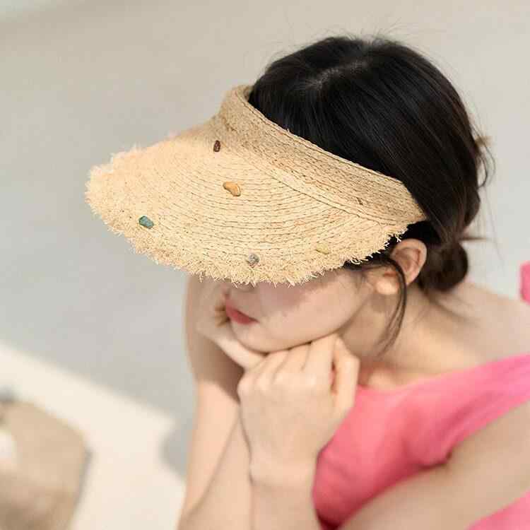 麦わら帽子 女性用 ビーチハット 通気性 UVカット 日よけ ヘアバンド式 パール付き ラフィア素材 かわいい リゾート 夏用 軽量 ファッション・スタイル: カジュアル・帽檐スタイル: 大檐・形状: 空頂帽・対象: 男女共通・対象年齢: 若者・使用シーン: 外出・サイズ展開: 54-60cm（調整可能）・カラー展開: 草本色
