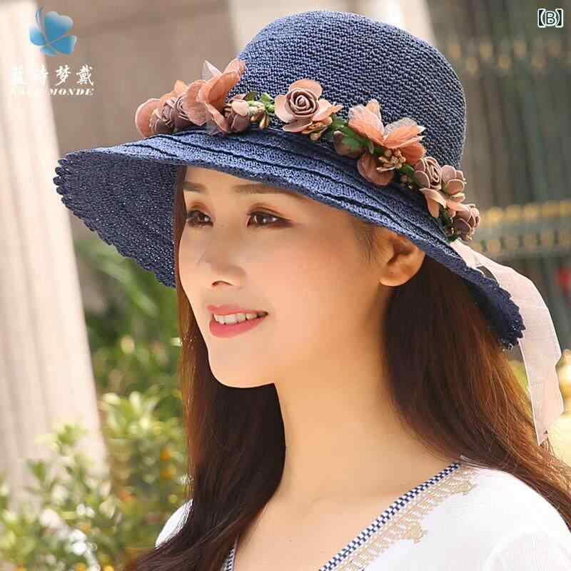 麦わら帽子 レディース 夏用 UVカット 遮光 日よけ 折りたたみ式 軽量 小顔効果 ベーシック 合わせやすい ストロー素材 女性向け フェミニン ハット