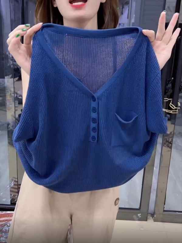 半袖Tシャツ レディース Vネック ボタン 接触冷感 ニット 無地 夏用 普段使い トップス スタイリッシュ デイリー コーデ(4.0)