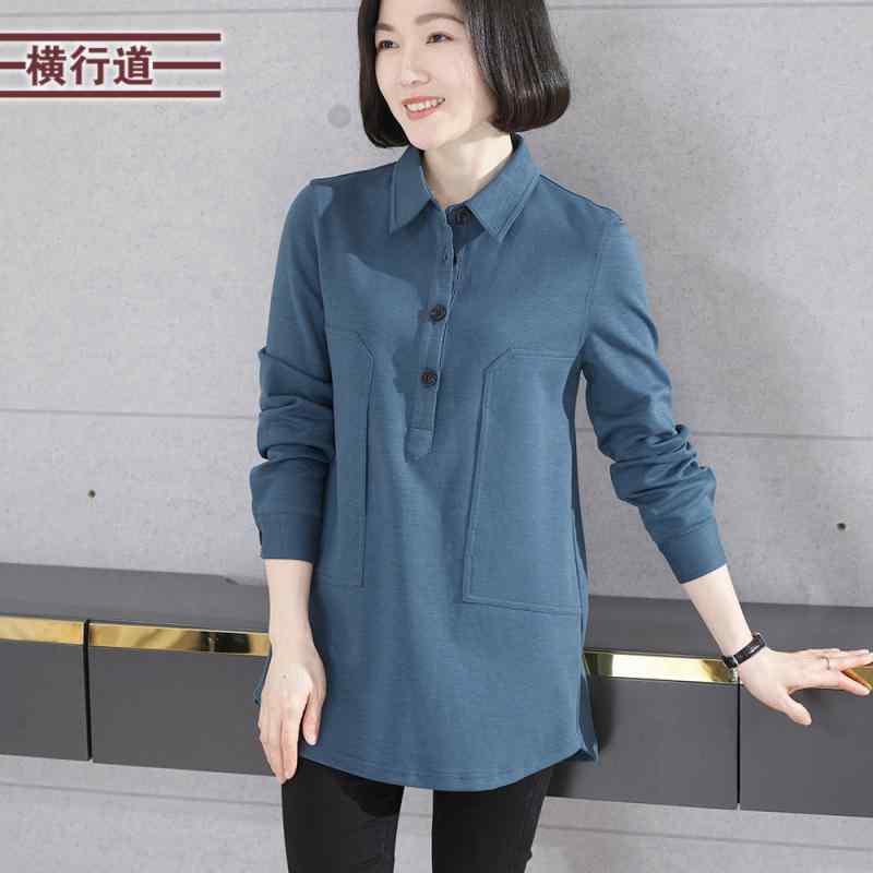 レディース 秋冬 襟付き 中長丈 長袖 Tシャツ 無地 ゆったり 大きめサイズ 中年女性向け カジュアル ト..