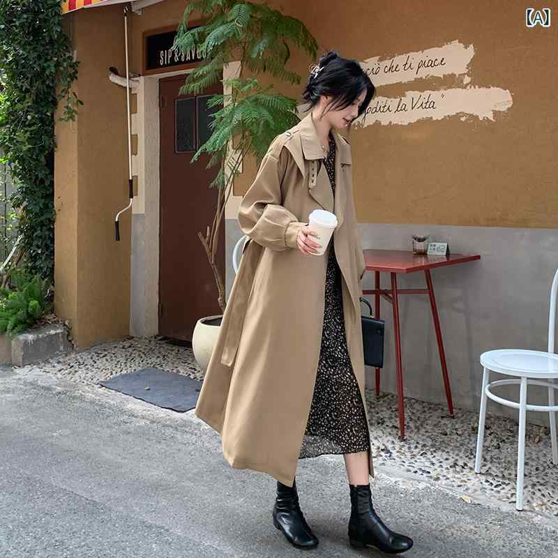 レディース カーキ 中長丈 トレンチコート 春秋 カジュアル 上品 高級感 アウター ...