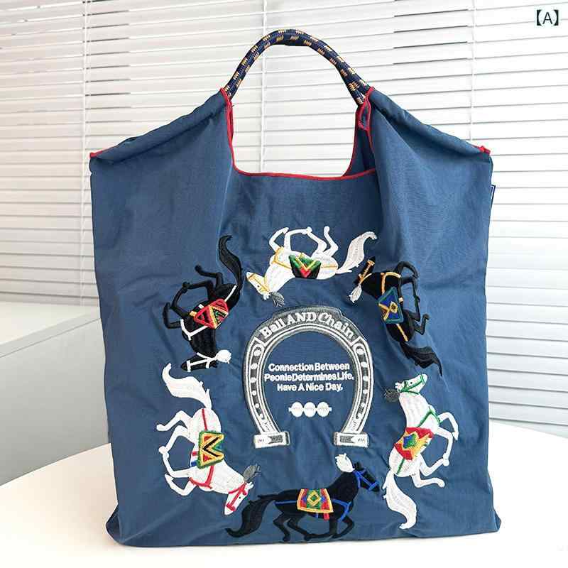 トートバッグ レディース 帆布素材 ナイロン刺繍 ボールチェーン ショルダーストラップ 斜め掛け 通勤用 手提げ ショッピングバッグ キャンバス 軽量 普段使い